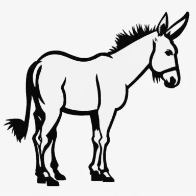 Simple outline of a Donkey, kids cartoon, minimalist, black on white, lineart, 2d flat file, silhouette, clipart, uninterrupted outline as in an svg, perfect outline corners, make it an outline svg and fill color white, exact outline, the line should not be thickened, the line should not be thicker or thinner, the outline of the line should be thin, maximum 1 millimetre.