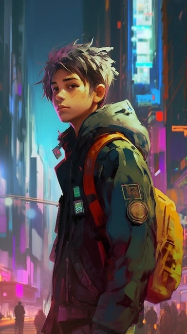 beautiful stunning pretty vintage cyberpunk anime boy, paint art style, clipart, city landscape background, superrealistic, one of a kind