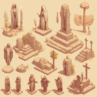 desert statues honoring past heroes or holy figures of the templars, video game asset, isometric, top down, isolated figures, hand drawn, level art, atmospheric effects, spatial concept art, muralist, clipart, ps1 graphics, deconstructed objects, 2d, plain background