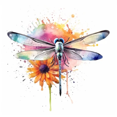 watercolour rainbow hyper realistic dragon fly sat on a daisy with paint splatter, clipart variations on a white background