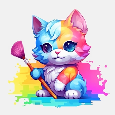 mascot of colorful cat with a brush in his hand, super cute, 2d, clip art style, cute, Low poly