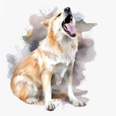 Watercolor dog barking clipart, white isolated background, space out, hd