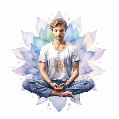 enchanted Front illumination of ultra realistic watercolor of full body of a cute mindfull happy guy, doing yoga lotus pose ,deep meaning, profound, highly detailed and realistic, insane quality, mystic, wiccan, art nouveau art style, clipart witchcore dreamcore cottagecore, good looking meditation, yoga calm, serene, healthy, white background no text, isolated on white, watercolor illustration, award winning, strong and sharp lines