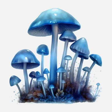 Blue magic mushrooms, clipart, white background, alpha png, painterly style