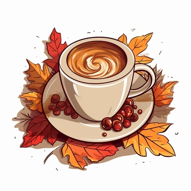 hand drawn png clip art color art of coffee with cream and fall leaves