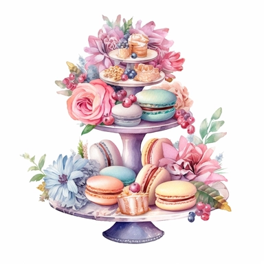 Clipart, Watercolor, Boho tier candy tray with cakes, cupcakes, macarrons and flowers, pastel color, hand-draw, texture