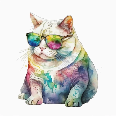 watercolor cozy watercolor clipart artwork of fat cat with sunglasses, hd white background