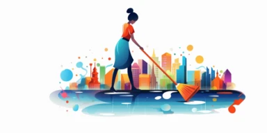 a maid with a mop, cleaning up colorful location data spilled on the floor, location icons are everywhere, clipart, vector graphic, very low detail, in the style of minimalist illustrator, white background