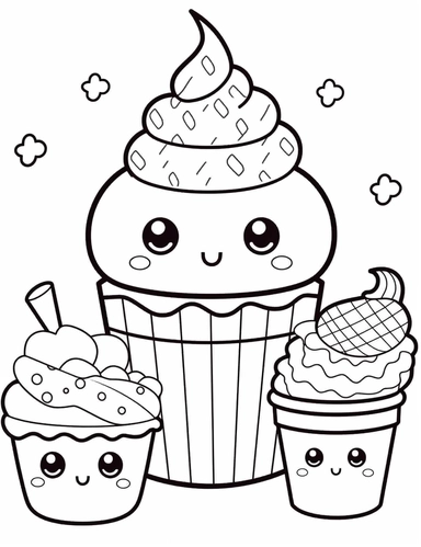 Picture a kawaii ice cream cone with a smiling face and colorful scoops of different flavors. Add a waffle cone and toppings for extra cuteness. For Simple Coloring page,Big eyes,line art, thick lines, black and white,clipart, illustration, on white background,Detailed,Details