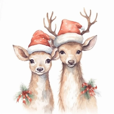 cliparts of deers with christmas hats, vintage illustration, pastel colors, in Pierre Redouté style, isolated on white background