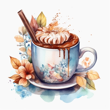 Create a high resolution version of (hot chocolate watercolor) 2D concept simplified illustration on white background. clipart, highly detailed, vibrant, ultra high quality, 2D vector, best quality. incredible. Flower and love. Color: warm. Illustration style. (full body), in the style of light azure and dark amber