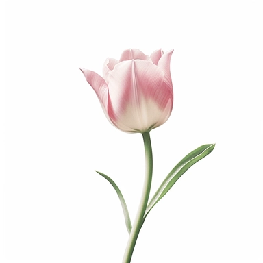 Romantic pink tulip clipart against a pure white background. The illustration showcases a graceful pink tulip with elegant petals and slender green stems. The color palette includes shades of soft pink and hints of green. The white background adds a contemporary and clean aesthetic, allowing the tulip to shine. The lighting is gentle, casting a subtle glow on the tulip's delicate features. The atmosphere exudes a sense of romance and natural beauty.