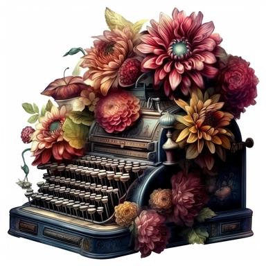 an enchanted old and used 1900 cash register profil view, enchanted collector's item surrounded by an arrangement of a number of dramatic extravagant saturated digital burgundy 3D dahlias, in the style of large-scale photography, 4K, lush detailing, watercolor style, pastel colors, playfully intricate, made of flowers, bloomcore, clipart, transparent png background