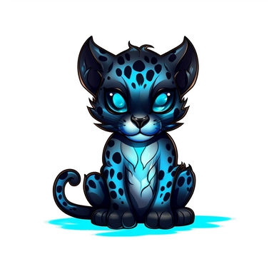 a cute and whimsical glowing leopard with blue lights on his eyes, in the style of bold black outlines, cartoonish character design, master of shadows, burned/charred, himalayan art, dark black and light azure, clipart, on white blackground