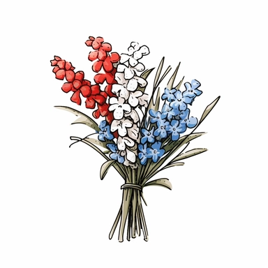 watercolor clipart illustration of a bouquet of flowers, red white and blue, hand painted details, clean and simple designs, solid background color, spaced out