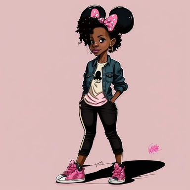 2d, beuatiful vibrant full body happy african american adult mickey mouse woman clipart, dark brown face, pink ears, pink shoes, cartoon realistic