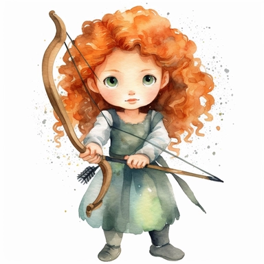 Toddler princess merida cartoon watercolor, with her bow and arrows, round face delicate her long hair sharp and detailed her outfit like the original princess, character should be well drawn with soft tones a very clear smile confident and a head lightly painted in watercolor the character is a one year old baby should be on a white background clipart