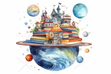 Watercolor, Design a planet with a massive, floating library housing the collective knowledge of the universe clipart, hd, on a white background, spaced out