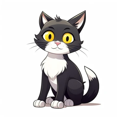 cute cartoon cat, black and white cat,smooth fur, black face with a little bit white by mouth, white paws, black legs, yellow eyes, full body sitting, white background, clip art, vector graphic