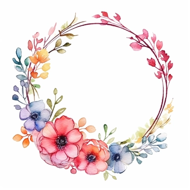 one watercolor round flower frame illustration on a white background, spring wreath royalty free clip art, spring wreath coloring page, hand drawn,, in the style of mashup of styles, wimmelbilder, no watermark, text text, 300 DPI, non-sticky typeface, no text in image, on white background