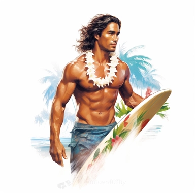 beautiful stunning hawaiian surfer young man , paint art style, clipart, white background, superrealistic, one of a kind