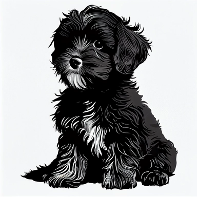 Havanese puppy, front view, black silhouette, portrait, simple outline, vector, logo design, clipart, isolated, no background, .75 gutter