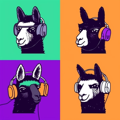 a group of funny llamas with headphones, a vr headset and a camera, in the style of crisp neo-pop illustrations, portraiture iconography, simple line work, cartoony style, dynamic color fields, emotive gestures, bold collages, vector, svg, clipart