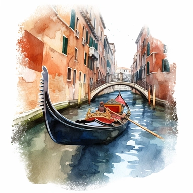 Gondola Ride Watercolor: A charming watercolor clipart of a traditional gondola floating on the serene waters of the canals in Venice, capturing the romantic essence of the city. (Watercolor, no background)