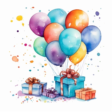 Birthday illustration clip art, holiday graphics collection, party background, watercolor colorful balloons and confetti illustration, carnival greeting graphics, gift box isolated, candies watercolor
