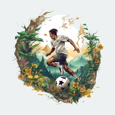 white background, football player with ball on foot, closeup, sticker, artwork of t shirt graphic of majestic forest, in digital painting style , beautiful flowers, sunset mountains and clouds , big vines, stone temple covered in vines , plants surround, highly detailed clean, vector image, photorealistic masterpiece, professional photography, realistic, flat white background, isometric, vibrant vector, clipart, illustration, realism, 4k, , cinematic, front view, paradise, extremely white backgr
