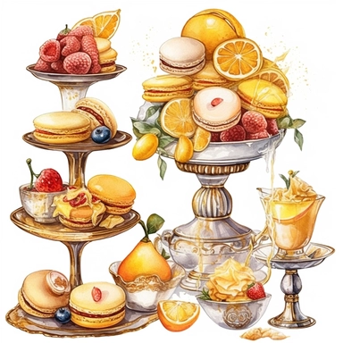 sweet colorful, gold, watercolor, honey Lemons Clipart, Macaroon,cupcake, variety of fruit juice drippin, on luxury stand, luxury Icon Set, detailed, isolated white background, hand painting , single design