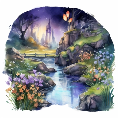 cartoon fairy glen by the River, grass and flowers line the sides if the river, glowing lights and sparkles, colors of green purple gold and blue, glamorous realistic and detailed, watercolor, white background with margins, clipart style