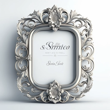 A single vintage silver frame clipart with a glossy, reflective finish and a rounded rectangular shape. The intricate details of the frame are highlighted by the shine of the silver, creating a modern and sleek look. The background is a soft gray with a subtle texture, adding depth and dimension to the design. [1], [2], [3], [4], photography, Close-up macro photography with a wide-angle lens, creating a shallow depth of field and emphasizing the intricate details of the frame. Shot on a Canon EO