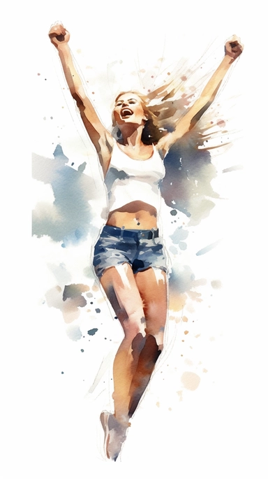 watercolor stylized clipart of a gorgeous french woman bombshell with very hairy unshaved armpits, arms raised above head, wearing a white croptop and denim shorts, posing, epic light, chaotic,