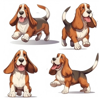 cute happy Basset dog illustation, use brown and black color,white background,full body, 4 differnt dog actions, sitting, sleeping , running, 2D style,very simple cartoon clipart ,few colors only,no complex brush lines or gradients