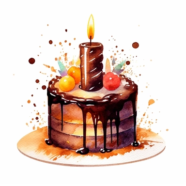 one clipart chocolate birthday cakes with candle on a white background, in the style of Watercolor Clipart, video collages, dark bronze and dark amber, i can't believe how beautiful this is, christcore, clean and simple designs, nikon d850 , no watermark, text, 300 DPI , typography, shapes do not stick together, no text in the picture, on a white background