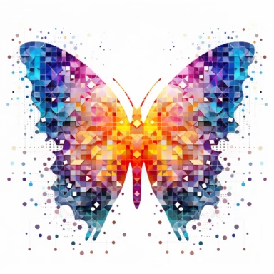 clipart of geometric butterfly, matrix code, intricate, vibrant chakra colors, sacred geometrical patterns, on white background