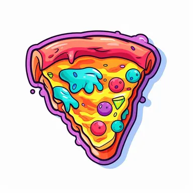 White background: discreet and minimalist, a cute, kawaii, vector Pizza Slice, sticker, isolated on white background, vibrant colors, lisa frank style, clipart