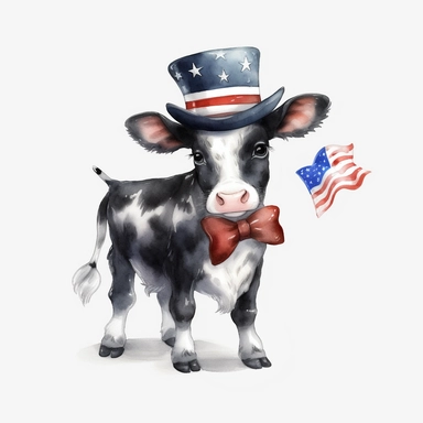 realistic watercolor of a cute calf wearing a tophat with the american flag, vector free clipart illustration, in the style of unreal engine 5, 32k uhd, detailed features, white background
