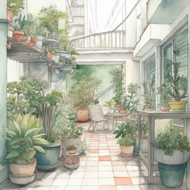 watercolor, hyper realistic, white background, white margins, 16k, ultra detailed clipart, cut out image, hand-drawn, whimsical manhwa style ultra HD A cozy terrace with a mix of small and large potted plants in shades of green, pink and white. A soft light shines on the area, creating a warm and inviting atmosphere