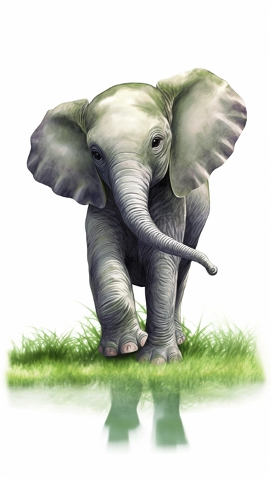 worlds cutest, adorable, realistic, life like image of a baby elephant with his trunk raised in the air and standing in a green grassy field and pond, watercolor clip art, white background ,artist rendition, sharp focus, extreme detail,