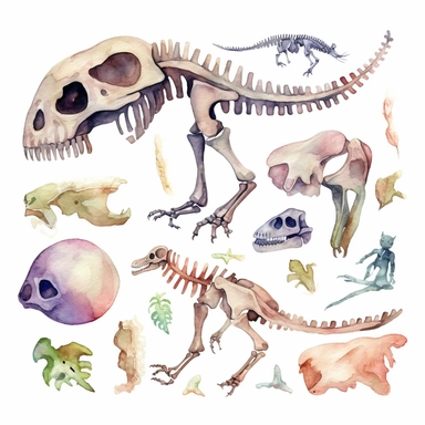 Watercolor dinosaur bones clipart, white isolated background, space out, hd