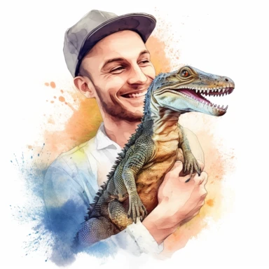 Adorable pet Monitor Lizard having happy moment with it's human owner, water color style, clipart, white background