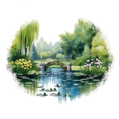 A tranquil pond, surrounded by weeping willows and blooming water lilies, adds a serene touch to the vibrant Spring garden, ,clipart, on a white background.