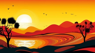 aboriginal australia landscape, simple clipart flat illustration of red yellow and black color gradients