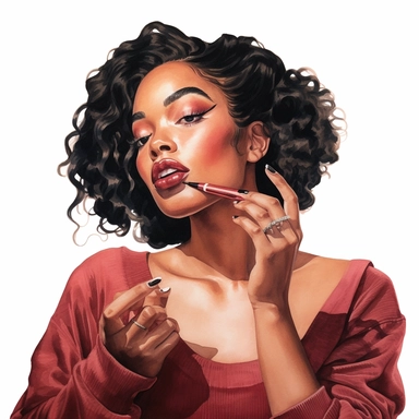 watercolor ultra realistic and hyper detailed illustration of a beautiful black woman doing her makeup, clipart, white background
