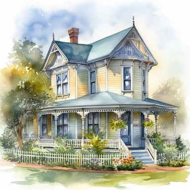 Visualize a clipart-style watercolor illustration of a detailed farmhouse on a summer day, set against a clean white background. Render the farmhouse with Victorian architectural elements. Use a radiant palette of blues, yellows, and greens against a stark white backdrop. The perspective should emphasize the intricate gingerbread trim and ornate porch details. The composition should place the farmhouse centrally, emphasizing its intricate details and summer vibrance
