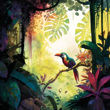 Holographic Rainforest, where birds soar through the colorful canopy. Watercolor clipart. The natural lighting casts intricate shadows throughout the lush greenery, bringing the jungle to life. The adventurous colors add excitement to the scene, with a best view composition that transports you deep into the heart of the rainforest.