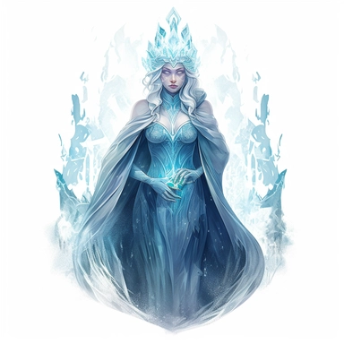 a watercolor clipart with white background of a ice queen with a frosty gown and icy powers, in the style of neon realism, detailed atmospheric portraits, dark and intricate, serene faces, yup'ik art, 2d game art, glowwave, 2d, glowwave, ethereal figures