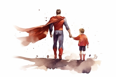 back side of cartoonic superman with a little boy vector art, watercolor art, clipart, father day greeting